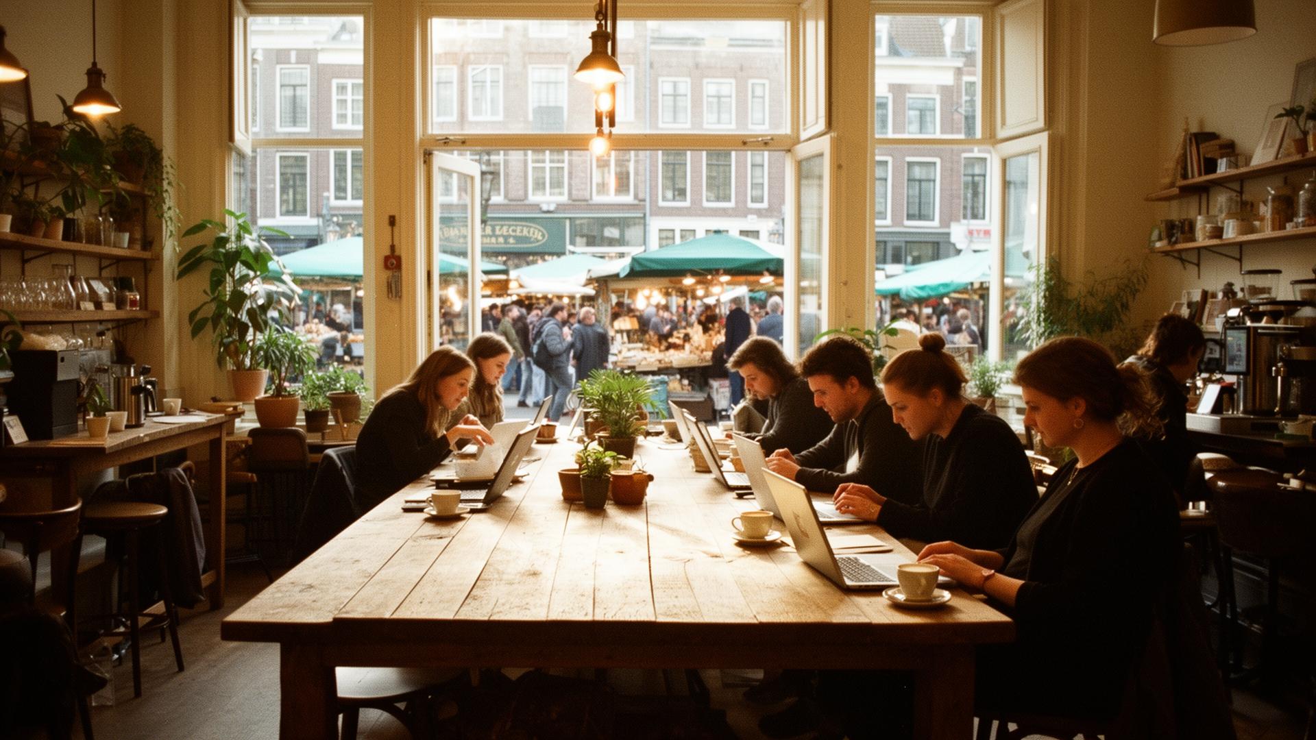 Interieur van Mogador Café in Haarlem met houten tafel en mensen die koffie drinken